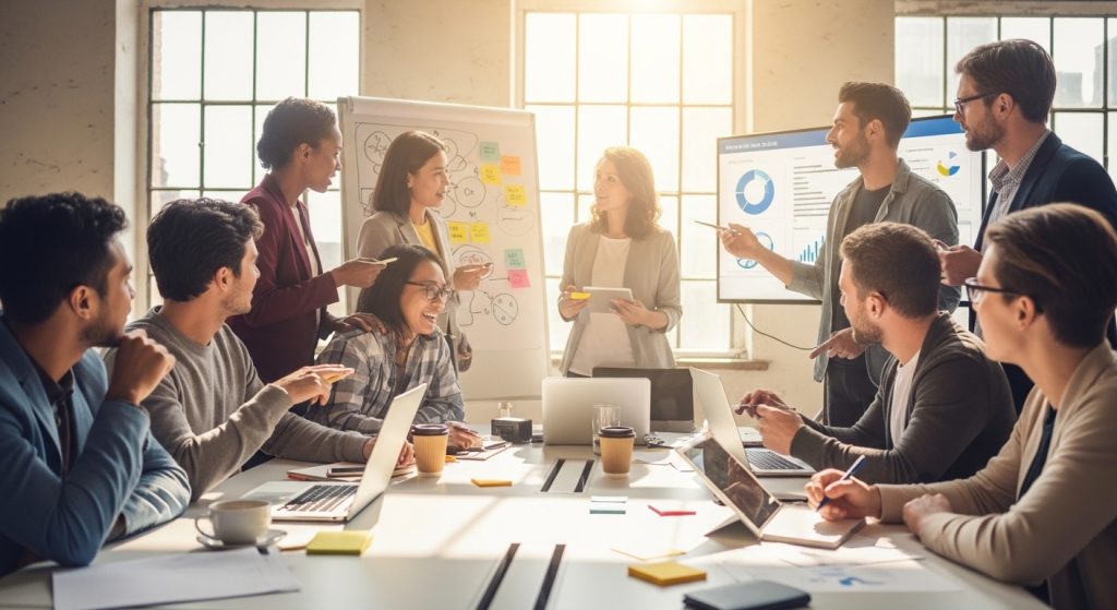 다양한 사람들이 협업하며 아이디어를 공유하는 모습