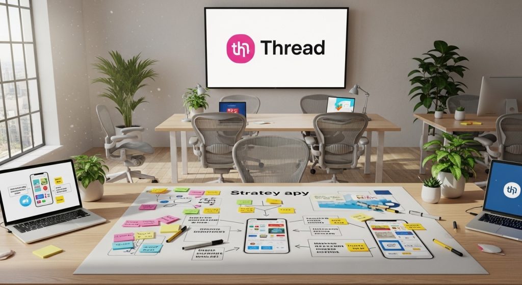 쓰레드 앱 로고와 전략 보드가 함께 있는 현대적 작업공간